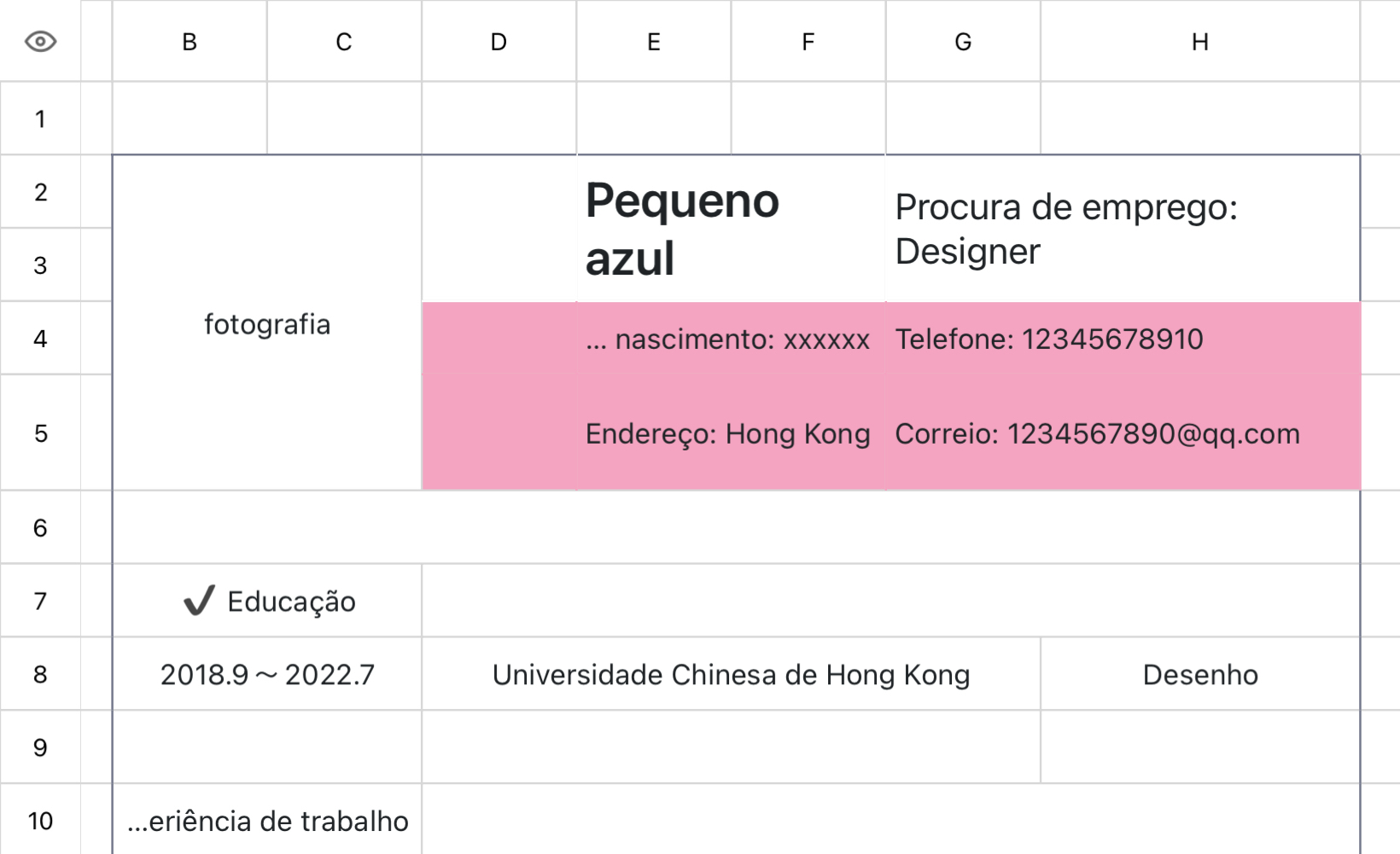 CV de busca de emprego rosa